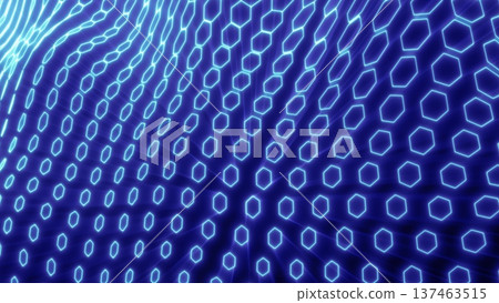 Vibrant electric blue hexagonal mesh with glowing edges, flowing dynamically to represent advanced networks and connectivity Vibrant electric blue hexagonal mesh with glowing edges, flowing dynamically to represent advanced networks and connectivity 137463515