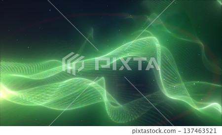 Green glowing abstract energy wave with fluid motion and particle structure, symbolizing nature-inspired digital energy and flow 137463521