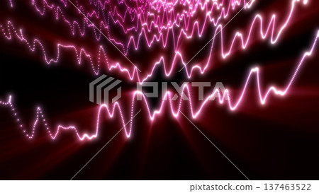 Electric pink and red waves with glowing dotted trails ripple across a black digital field, radiating pulse and contrast 137463522