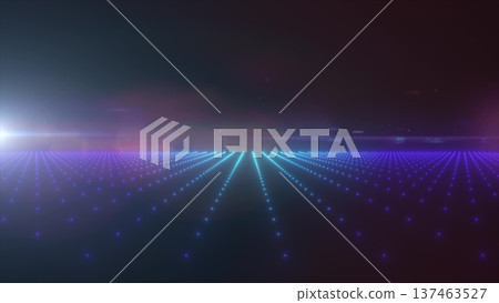A neon purple and blue glowing digital grid with futuristic elements representing virtual reality and data technology background, evoking retro sci-fi aesthetics, video in high quality 4k, motion 137463527