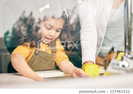 Girl, learning and washing dishes with mom in kitchen, help or show skills in house for development. Cleaning, mother and daughter by sink, hygiene or teaching with support, bacteria or dirt in home Girl, learning and washing dishes with mom in kitchen, help or show skills in house for development. Cleaning, mother and daughter by sink, hygiene or teaching with support, bacteria or dirt in home 137463532