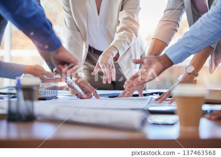 Business people, hands and meeting with documents in strategy, planning or ideas together at office. Closeup of group in project plan, collaboration or teamwork on paperwork or blueprint at workplace Business people, hands and meeting with documents in strategy, planning or ideas together at office. Closeup of group in project plan, collaboration or teamwork on paperwork or blueprint at workplace 137463568