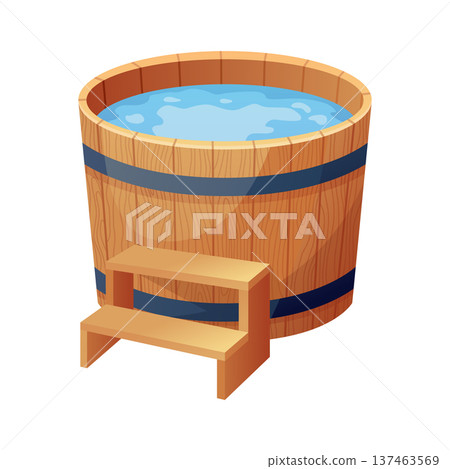 Wooden bath. Wood tub, cartoon rustic water bath barrel for public sauna traditional banya or onsen japanese hot spring, wellness relaxing bathtub basin neat vector illustration of tub bath wooden Wooden bath. Wood tub, cartoon rustic water bath barrel for public sauna traditional banya or onsen japanese hot spring, wellness relaxing bathtub basin neat vector illustration of tub bath wooden 137463569