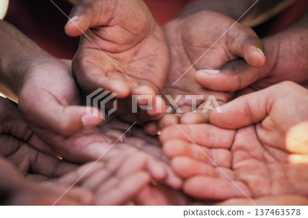 Hands, palm and diversity of people in circle for charity, ngo and support in poor community together from above. Helping hand, donation and empathy for children in poverty, society and crowdfunding 137463578