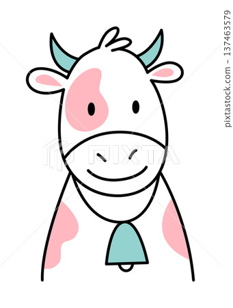 Colorful farm animal sketch. Playful farm mascot with pastel colors and friendly expression. Cheerful pinkspotted cow headshot designed for children with soft pastel tones 137463579