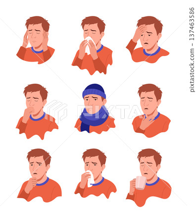 Flu symptoms. Man showing cold symptoms. Flu symptoms fever, cough, chills, dizziness, nausea, runny nose, headache. Vector set for flu prevention poster Flu symptoms. Man showing cold symptoms. Flu symptoms fever, cough, chills, dizziness, nausea, runny nose, headache. Vector set for flu prevention poster 137463586