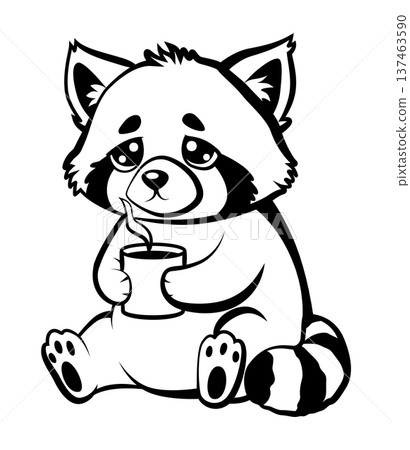 Sleepy gentle red panda sipping matcha tea surrounded by stacked books, soft library light, round cheeks flushed with contentment, quiet reading break, kawaii study aesthetic 137463590