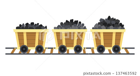 Mine coal trolley. Coal loading ship cart, underground vehicle for coals load, industrial hand transporting mining minerals cartoon vector illustration Mine coal trolley. Coal loading ship cart, underground vehicle for coals load, industrial hand transporting mining minerals cartoon vector illustration 137463592