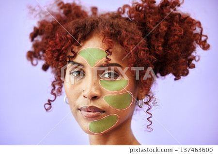 Skincare, overlay and portrait of woman for beauty, facial treatment and wellness in studio. Dermatology, mockup and hologram on person for anti aging, oily face and cosmetics on blue background 137463600