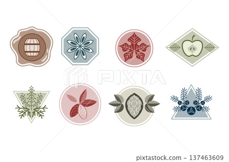 Set of vintage bottle label design with ethnic elements in thin line style Set of vintage bottle label design with ethnic elements in thin line style 137463609