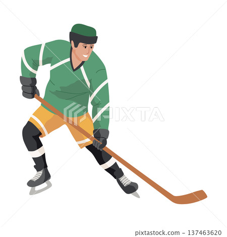 Ice hockey player. Athletes in uniform, dynamic pose, team sports on ice, winter game, forward, cartoon flat style isolated vector Ice hockey player. Athletes in uniform, dynamic pose, team sports on ice, winter game, forward, cartoon flat style isolated vector 137463620