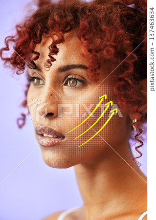 Studio face, plastic surgery lines and woman with dermatology cosmetics, silicone aesthetic change and beauty treatment. Grid, salon filler arrow and client facial transformation on purple background Studio face, plastic surgery lines and woman with dermatology cosmetics, silicone aesthetic change and beauty treatment. Grid, salon filler arrow and client facial transformation on purple background 137463634