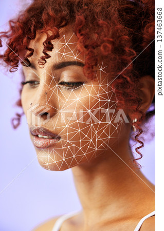 Skincare, facial recognition and grid for beauty with a woman on a purple background in studio. Face, future and innovation with a young model digital scanning her skin for change or transformation Skincare, facial recognition and grid for beauty with a woman on a purple background in studio. Face, future and innovation with a young model digital scanning her skin for change or transformation 137463668