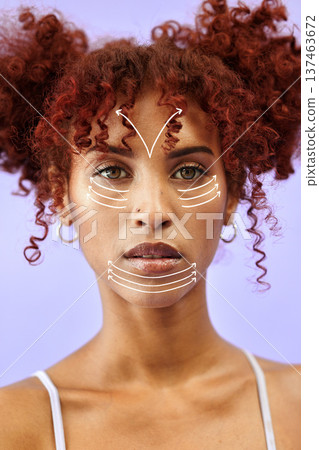 Studio portrait, plastic surgery lines and woman with cosmetics, facial aesthetic and medical beauty treatment. Skincare, collagen filler arrow and patient face transformation on purple background Studio portrait, plastic surgery lines and woman with cosmetics, facial aesthetic and medical beauty treatment. Skincare, collagen filler arrow and patient face transformation on purple background 137463672