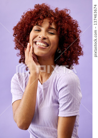 Cosmetic, skincare and portrait of happy woman in studio for natural, beauty and glamour routine. Makeup, smile and face of Mexican young model with facial cosmetology treatment by purple background. Cosmetic, skincare and portrait of happy woman in studio for natural, beauty and glamour routine. Makeup, smile and face of Mexican young model with facial cosmetology treatment by purple background. 137463674