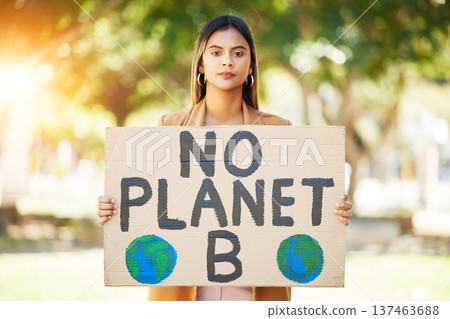 Woman, poster and save planet sign at park for climate change, environment and green eco friendly protest. Young person in portrait and nature, earth or globe support for sustainable world and action 137463688