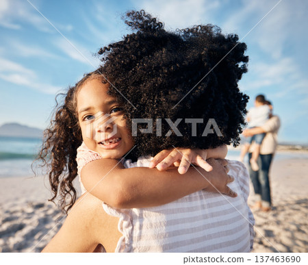 Beach, hug and kid portrait with travel on summer holiday with parent bonding and love together. Sea, vacation and smile of a young child with mom and happy by the ocean with support and family care Beach, hug and kid portrait with travel on summer holiday with parent bonding and love together. Sea, vacation and smile of a young child with mom and happy by the ocean with support and family care 137463690