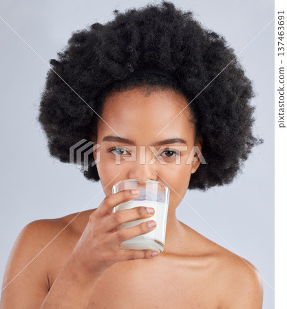 Woman, portrait and drink milk in studio for healthy skin, diet and calcium on white background. Face of african model, dairy smoothie or glass of vanilla milkshake for nutrition, wellness and beauty 137463691