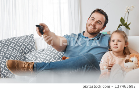 Kids, home or father watching tv to relax or bond as a happy family in living room in Canada with love. Television, sofa or dad with a remote or girl child enjoying film or movies on holiday vacation Kids, home or father watching tv to relax or bond as a happy family in living room in Canada with love. Television, sofa or dad with a remote or girl child enjoying film or movies on holiday vacation 137463692