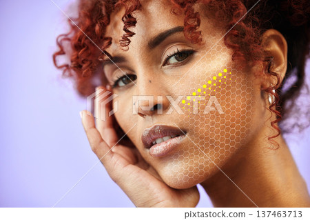 Skincare, hologram pattern and portrait of woman for beauty, facial treatment and wellness in studio. Dermatology, mockup and face of person for anti aging, makeup and cosmetics on blue background Skincare, hologram pattern and portrait of woman for beauty, facial treatment and wellness in studio. Dermatology, mockup and face of person for anti aging, makeup and cosmetics on blue background 137463713