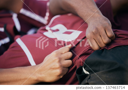 Rugby, teamwork and scrum with people on field for challenge, hands and sports match. Fitness, performance and goal with closeup of group of athletes in stadium for game and training together Rugby, teamwork and scrum with people on field for challenge, hands and sports match. Fitness, performance and goal with closeup of group of athletes in stadium for game and training together 137463714
