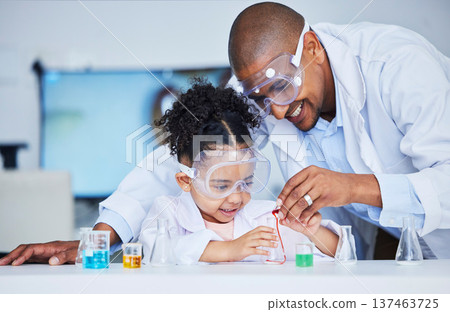 Science, help and a child and father with liquid for a chemistry experiment or education. Happy, together and a man, scientist or dad with a girl kid and water for a physics project for research Science, help and a child and father with liquid for a chemistry experiment or education. Happy, together and a man, scientist or dad with a girl kid and water for a physics project for research 137463725