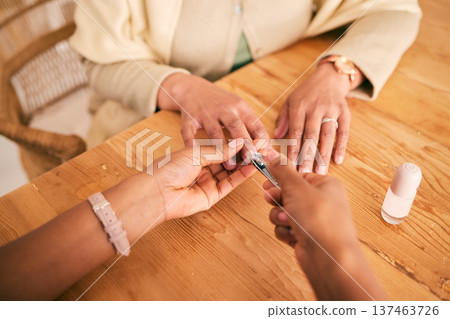 Above, grooming and hands for a home manicure, beauty treatment or service at a table. Spa, wellness and closeup of a person with a client for the process of cutting nails for luxury care on fingers 137463726