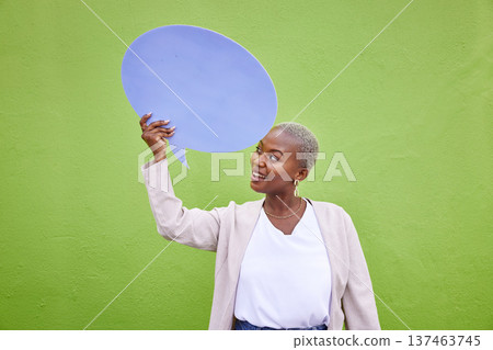 Black woman, speech bubble and thinking for mockup space, smile and opinion by green wall background. African girl, billboard and paper poster for voice, vote and social network for news announcement 137463745