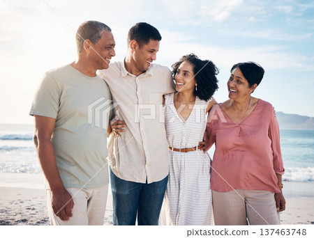 Ocean, senior parents with men and women together with smile, love and hug on summer holiday in Mexico. Embrace, happy family support and mature mom, dad and children on ocean holiday travel walk. 137463748