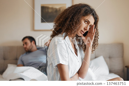 Sad, bedroom and woman fighting with her husband for divorce, marriage problem or breakup. Upset, depression and female person in argument with her partner for toxic relationship or cheating at home. 137463751