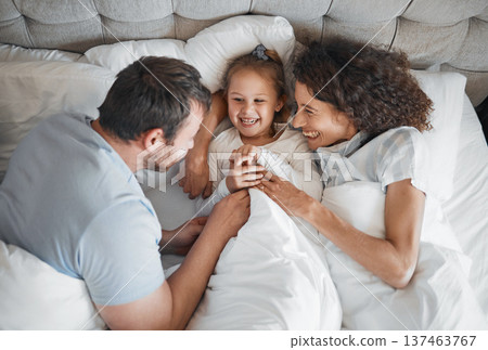 Family, bed and parents laughing with their daughter in the morning to relax after waking up together. Kids, love or smile with a man, woman and cute child having fun in the bedroom from above Family, bed and parents laughing with their daughter in the morning to relax after waking up together. Kids, love or smile with a man, woman and cute child having fun in the bedroom from above 137463767