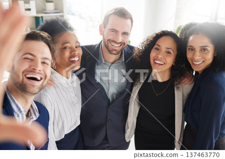 Group of business people together in selfie with smile, pride and happiness in workplace for company portrait. Photography, proud men and women in office for team building, support and solidarity. Group of business people together in selfie with smile, pride and happiness in workplace for company portrait. Photography, proud men and women in office for team building, support and solidarity. 137463770