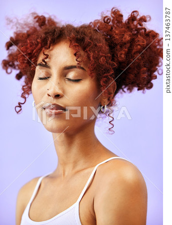 Beauty studio, eyes closed and relax woman with natural cosmetics, facial aesthetic and self care wellness. Salon skincare glow, spa cosmetology makeup and dermatology model on purple background 137463787