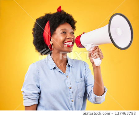 Woman, megaphone and voice for news, broadcast or announcement and fashion on a yellow background. Young and happy african person with call to action, attention and communication of sale in studio 137463788