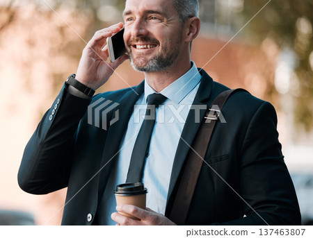 City, cellphone and mature businessman with coffee, travel and confidence in business networking. Ceo, manager or happy man standing on sidewalk with phone call waiting for taxi at work with smile. 137463807