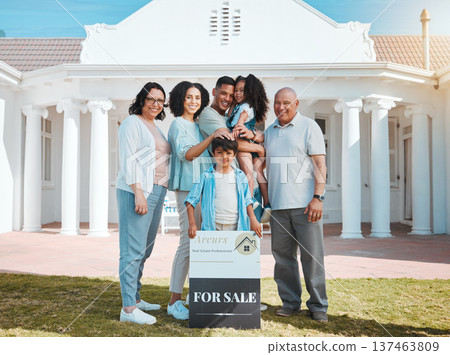 Portrait, real estate and a family with a for sale sign outside of their home together for growth or relocation. Grandparents, parents and children in the garden of a property or house on moving day 137463809