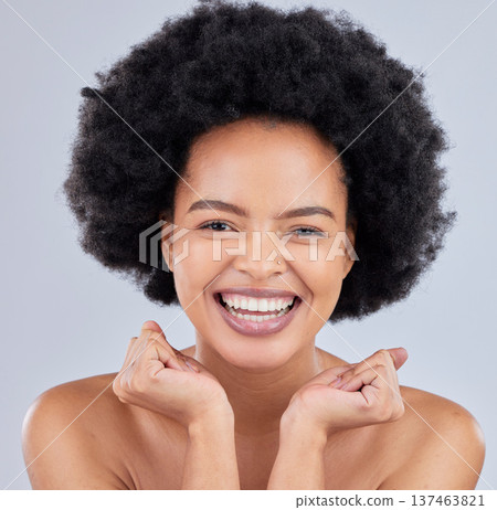 Smile, natural and portrait of happy woman with beauty skincare isolated in a studio gray background with glow. Skin, African and confident young person with healthy dermatology cosmetic care Smile, natural and portrait of happy woman with beauty skincare isolated in a studio gray background with glow. Skin, African and confident young person with healthy dermatology cosmetic care 137463821