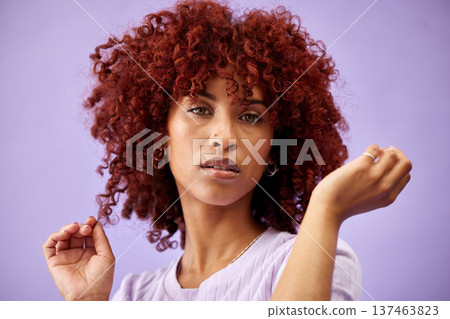 Hair care, portrait and face of black woman with natural afro and growth for glow and shine in studio on purple background. Wellness, person and healthy texture of cream and argon oil cosmetics 137463823