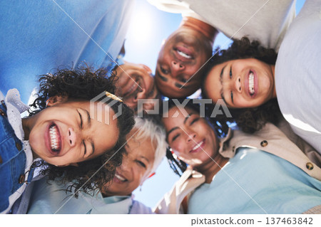 Happy family, face and smile in bonding, support or unity below together on weekend or summer vacation. Low angle of parents, grandparents and children huddle in happiness for fun holiday getaway 137463842