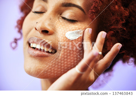 Beauty, skincare overlay or woman with face cream or sunscreen creme product in grooming routine. Dermatology cosmetic, purple background or biracial model with smile to apply facial lotion in studio Beauty, skincare overlay or woman with face cream or sunscreen creme product in grooming routine. Dermatology cosmetic, purple background or biracial model with smile to apply facial lotion in studio 137463843