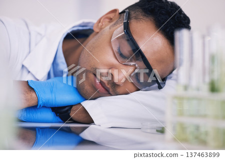 Scientist, man sleeping and tired in laboratory for plants research, medicine and pharmaceutical study at table. Medical or science person with career dream, fatigue and depression by green test tube Scientist, man sleeping and tired in laboratory for plants research, medicine and pharmaceutical study at table. Medical or science person with career dream, fatigue and depression by green test tube 137463899