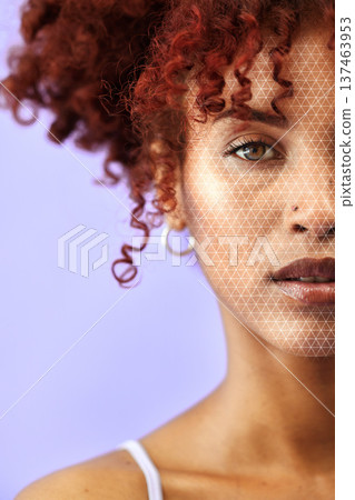 Portrait, mockup and a facial recognition for beauty with a woman on a purple background in studio. Half face, beauty and innovation with a young model scanning her skin for change or transformation Portrait, mockup and a facial recognition for beauty with a woman on a purple background in studio. Half face, beauty and innovation with a young model scanning her skin for change or transformation 137463953