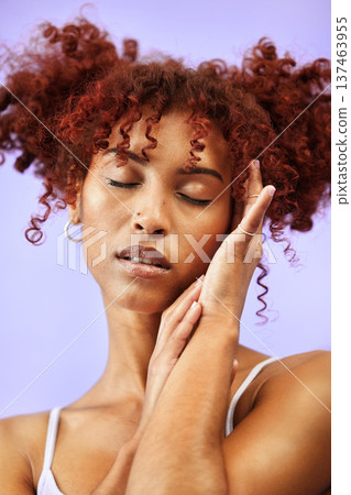 Beauty studio, eyes closed and woman feel skin treatment, aesthetic transformation and cosmetic collagen. Relax, foundation makeup and model wellness, clean face or facial change on purple background Beauty studio, eyes closed and woman feel skin treatment, aesthetic transformation and cosmetic collagen. Relax, foundation makeup and model wellness, clean face or facial change on purple background 137463955