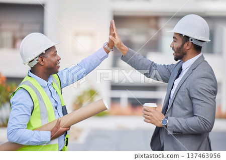 Happy people, architect and high five in city for teamwork, success or construction on rooftop at site. Men, engineer or contractor touching hands in team motivation for project or architecture plan Happy people, architect and high five in city for teamwork, success or construction on rooftop at site. Men, engineer or contractor touching hands in team motivation for project or architecture plan 137463956