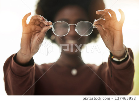 Woman, hands and closeup of glasses for vision, prescription lens for fashion and eyesight. Frame, optometry and person with optical eyewear for eye care, ophthalmology and health in optician test 137463958