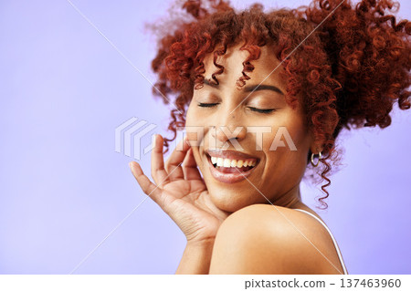 Smile, face and happy woman with fashion beauty, style and hair isolated in a studio purple background. Hairstyle, makeup and closed eyes young person with luxury, care and cosmetic for skincare 137463960