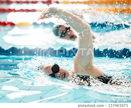 Sports, water splash or people training in swimming pool in a race competition, exercise or cardio workout. Swimmer, fast or athletes with energy or speed in fitness performance or practice challenge Sports, water splash or people training in swimming pool in a race competition, exercise or cardio workout. Swimmer, fast or athletes with energy or speed in fitness performance or practice challenge 137463973