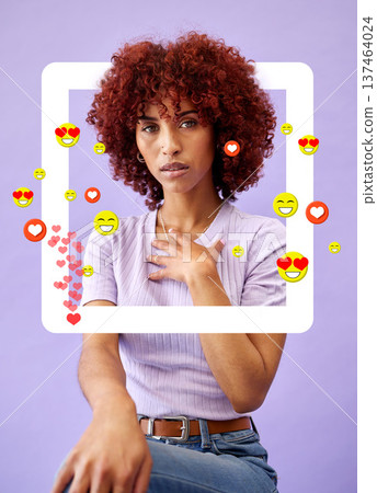 Portrait of woman influencer, social media and emoji in studio to like, subscribe and review. Frame, face and streamer girl on purple background with notification icon overlay, opinion and networking 137464024