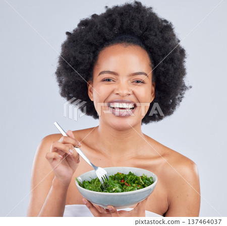 Health, portrait and black woman with a salad in studio for diet dinner, lunch or supper. Happy, wellness and young African female model eating vegetables for vegan snack or meal by white background. 137464037