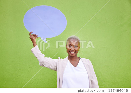 Black woman, speech bubble and portrait for mockup space, smile and opinion by green wall background. African girl, billboard and paper poster for voice, vote and social media with news announcement 137464046